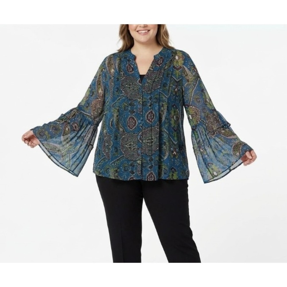 INC International Concepts Blouse Button Up size 20W Blue Sheer Artsy Romantic